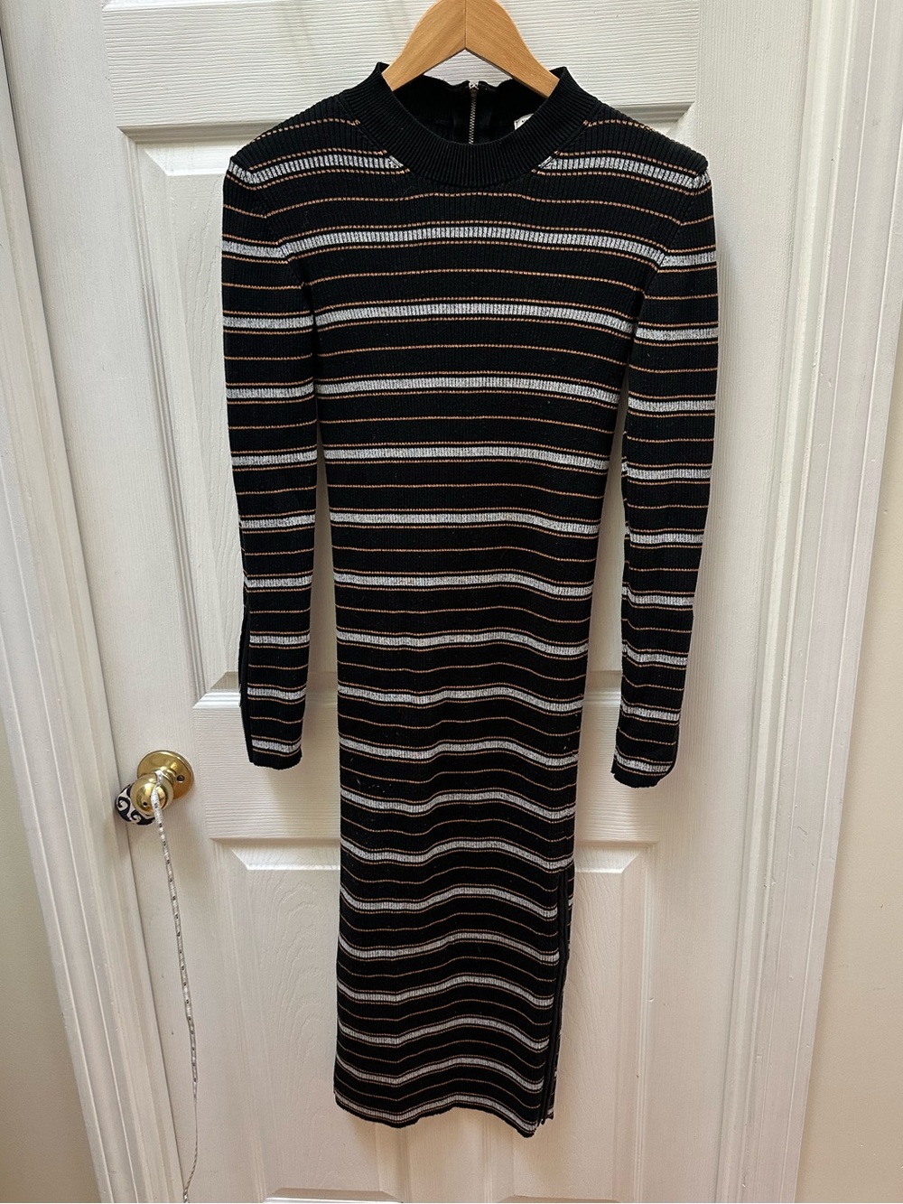 Maison Kitsuné Rib Dress black brown Stripe mock neck long sleeve sweater S